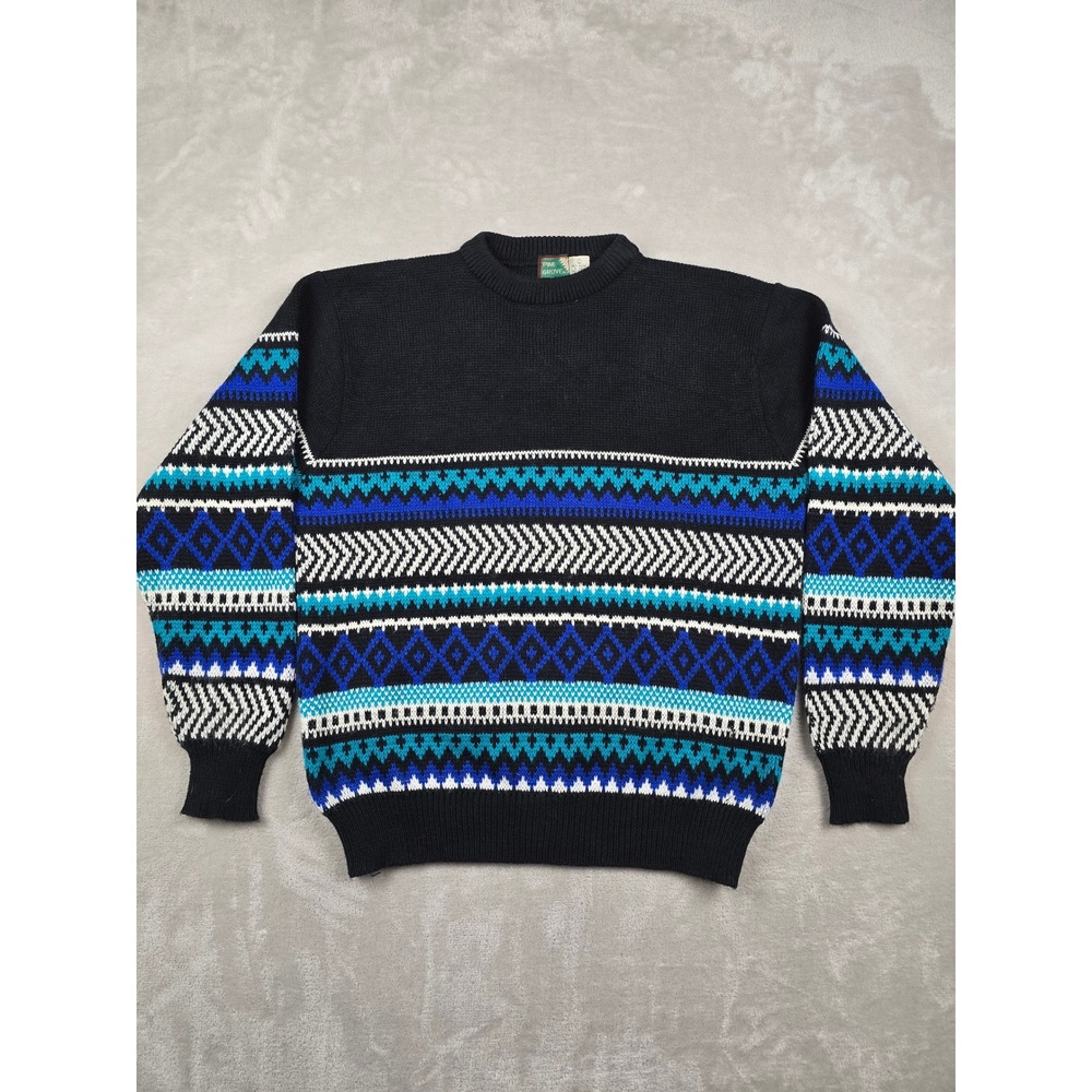 Vintage Pine Grove Sweater Mens L Black Blue Striped Geometric Fair Isle Acrylic
